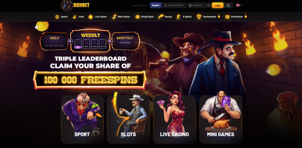 DonBet casino and sportsbook homepage with Italian mafia theme and welcome bonus banner