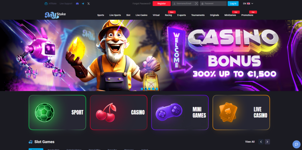 MyStake casino homepage showing game lobby and navigation menu