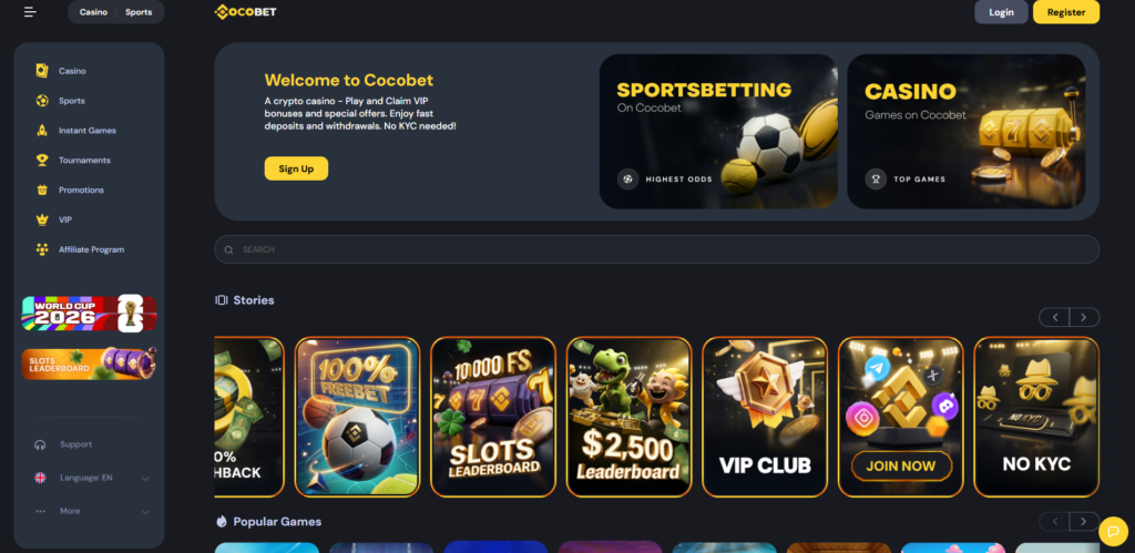 CocoBet casino homepage with crypto deposit options and game categories