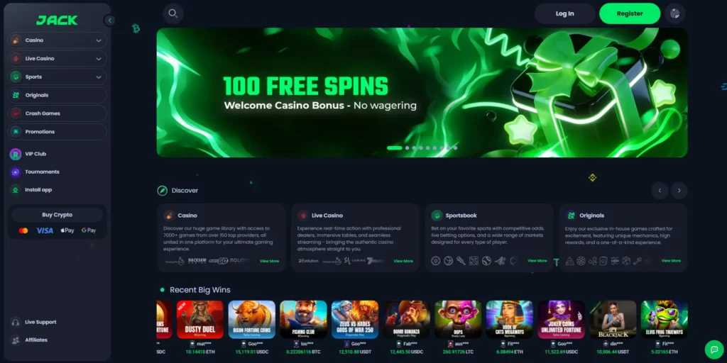 JACK casino homepage at jack.com showing game library and crypto deposit options